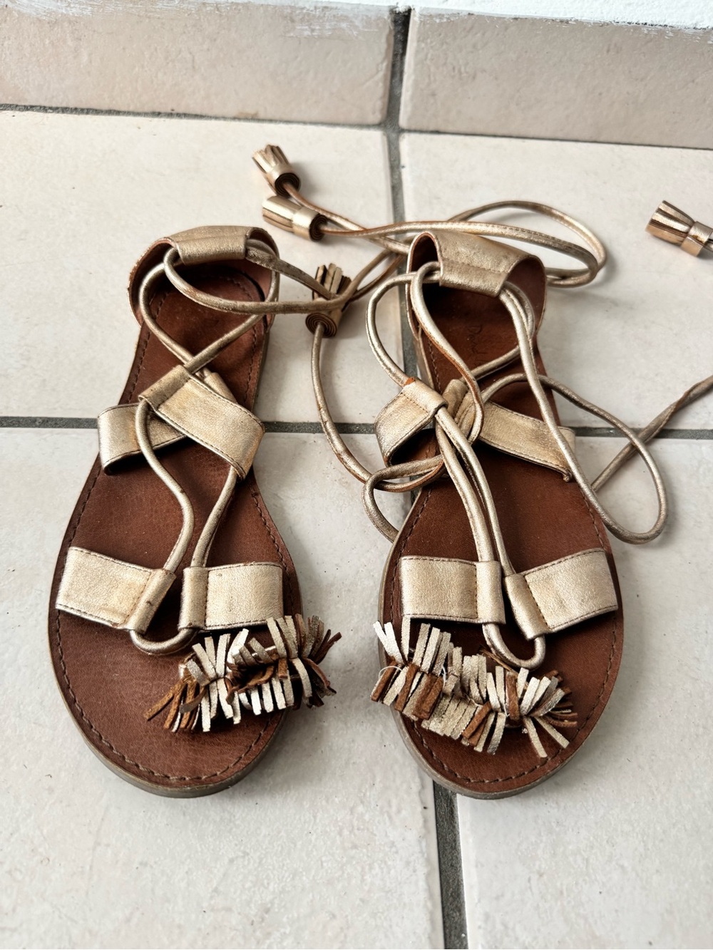 Women’s Metallic Gold Lace-Up Fringe Sandals - Picture 2 of 4